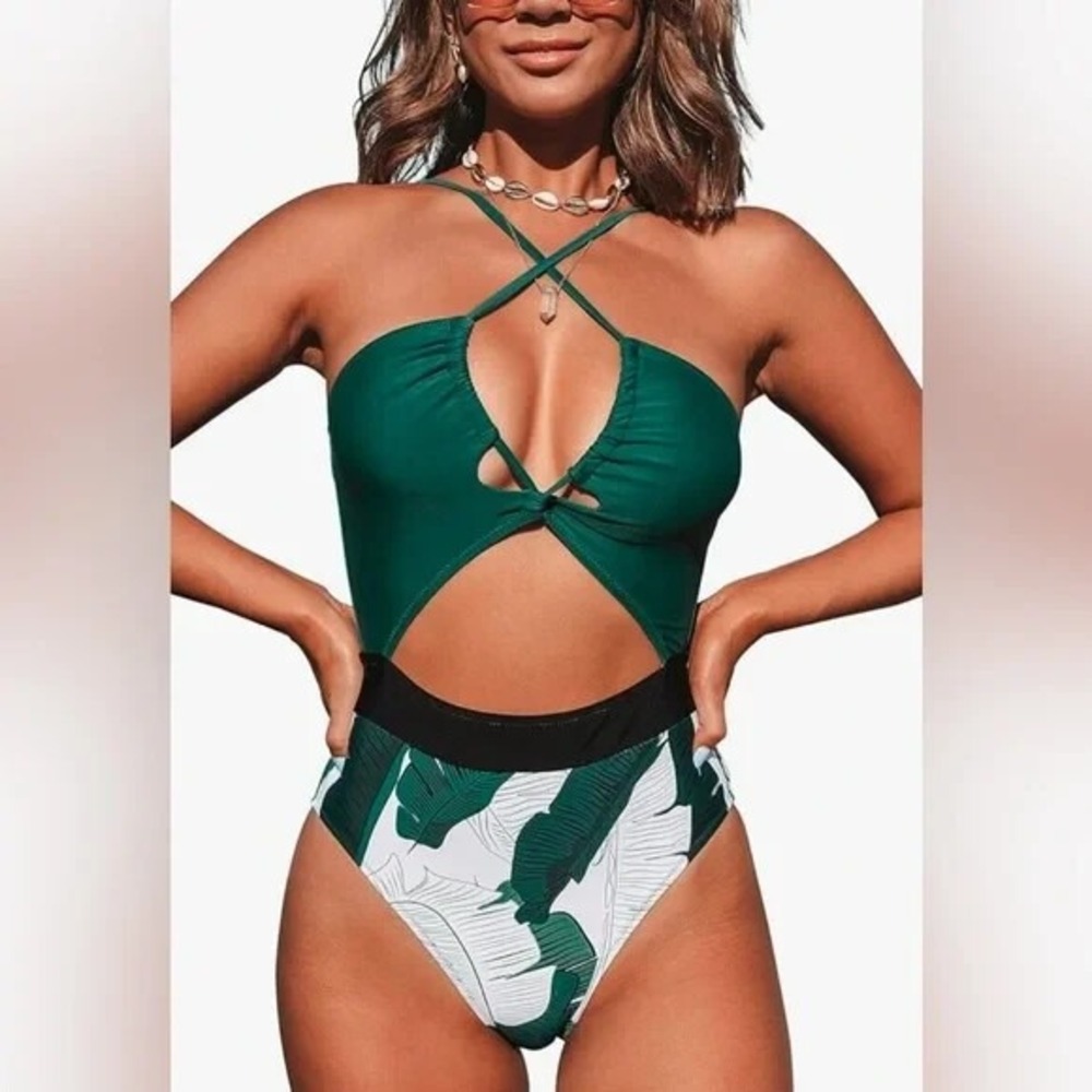 Cupshe Women's Bathing Suit Green Tropical One Piece Cut Out Swimsuit Medium